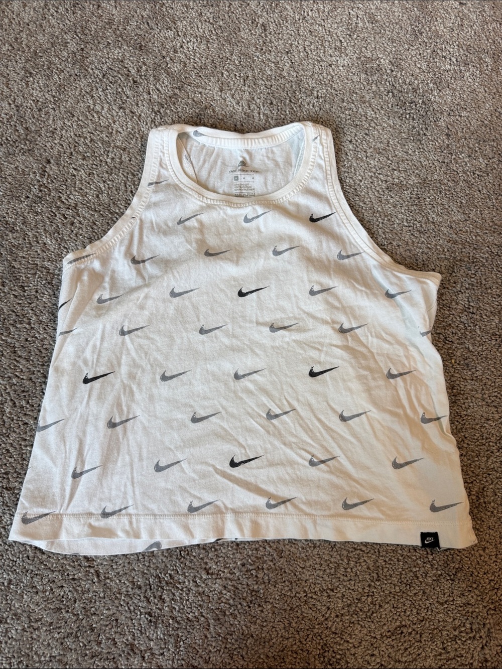 Nike White Tank Top with Gray and Black Swoosh Print